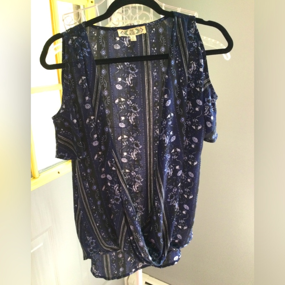 PINK ROSE blue & white floral half sleeve blouse shirt off the shoulder